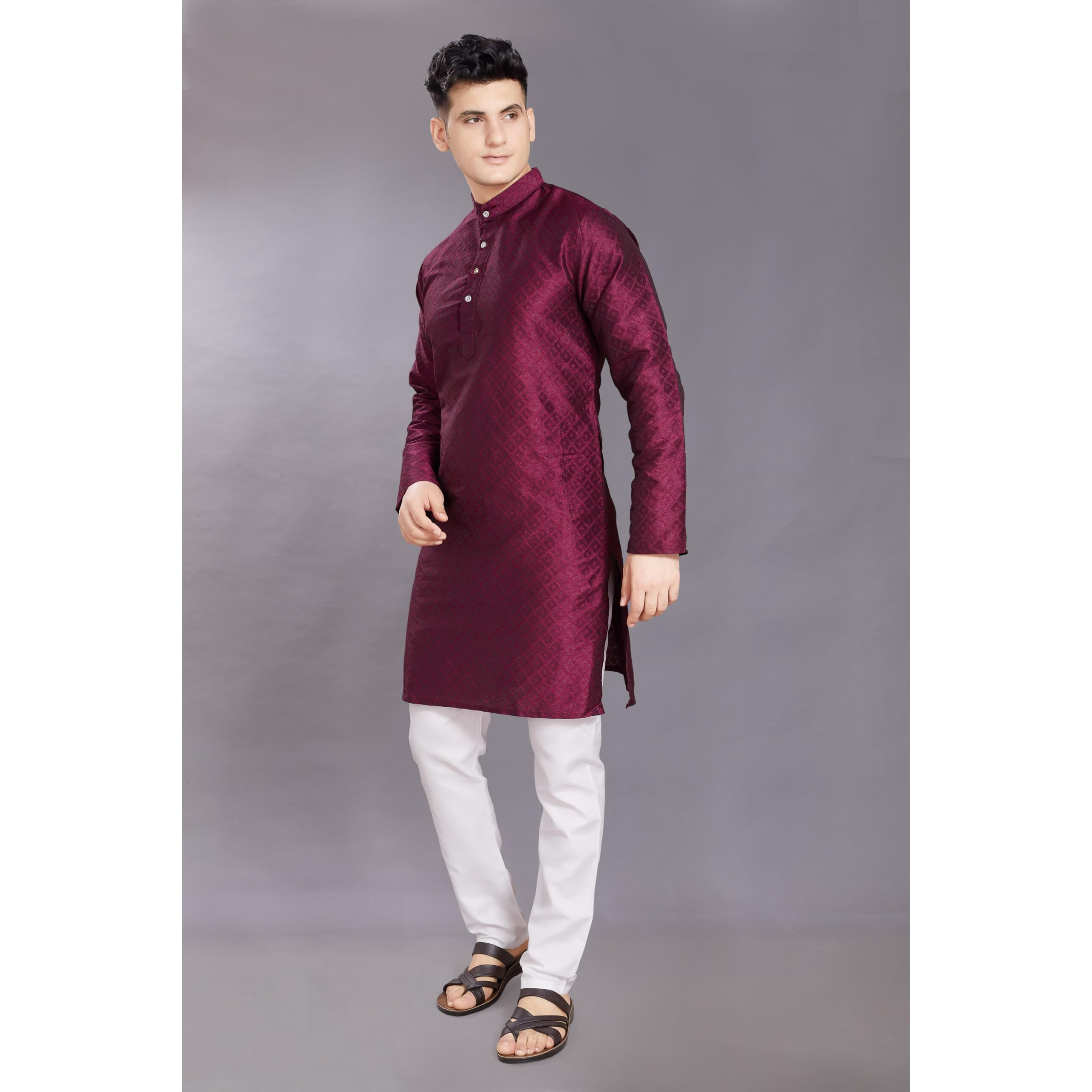Divisive Men's Self Woven Jequard Art Silk Slim Fit Only Kurta (Dkrt410_S_Wine)