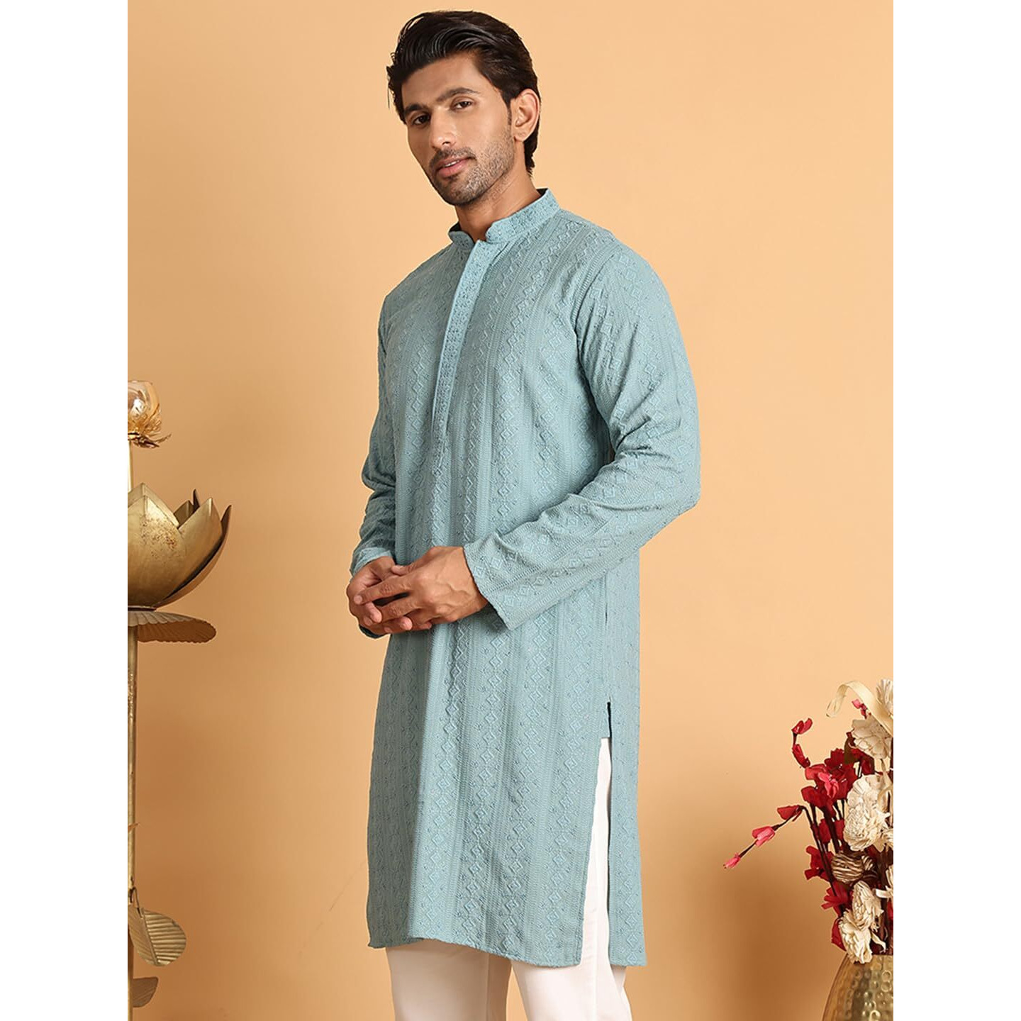 Jompers Blue Embroidered & Sequins Straight Kurta Only For Men (Blue, L)