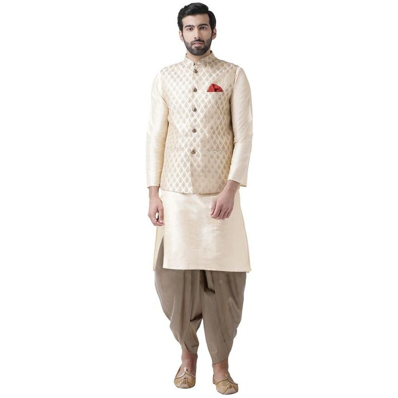 Kisah Men's Kurta Jacket Dhoti Set, Cream Silk Blend, Regular Fit Jacquard Mandarin Collar Long Sleeves (42)