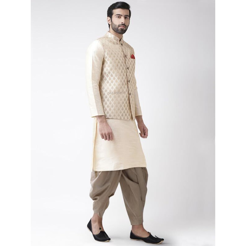 Kisah Men's Kurta Jacket Dhoti Set, Cream Silk Blend, Regular Fit Jacquard Mandarin Collar Long Sleeves (42)