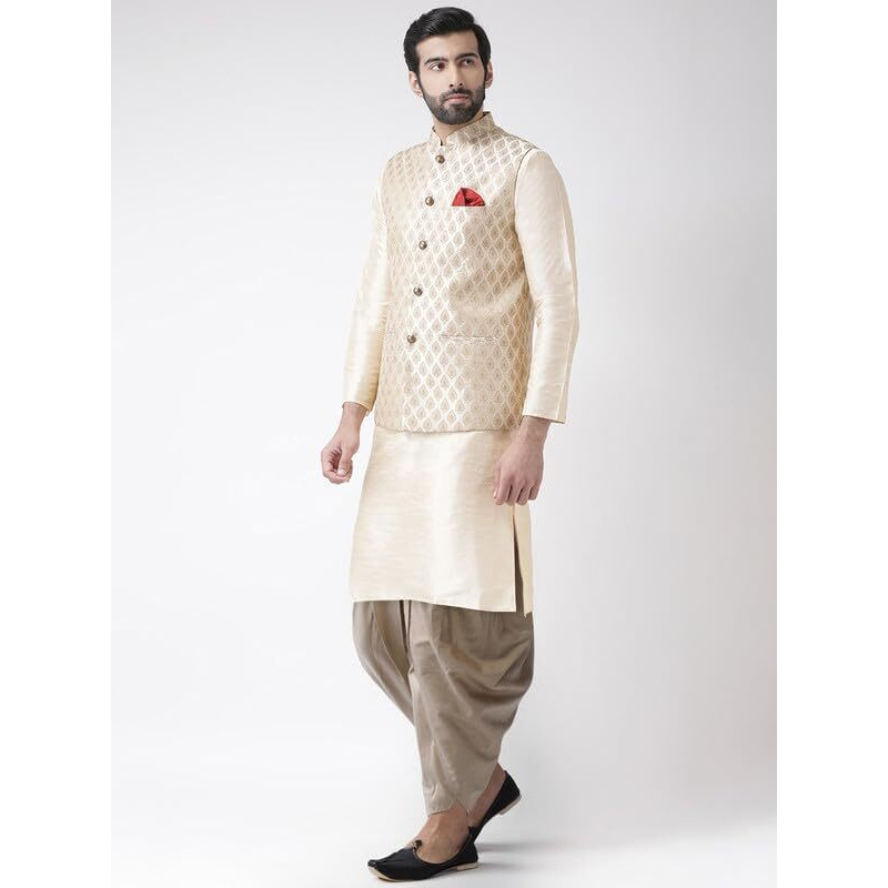 Kisah Men's Kurta Jacket Dhoti Set, Cream Silk Blend, Regular Fit Jacquard Mandarin Collar Long Sleeves (42)