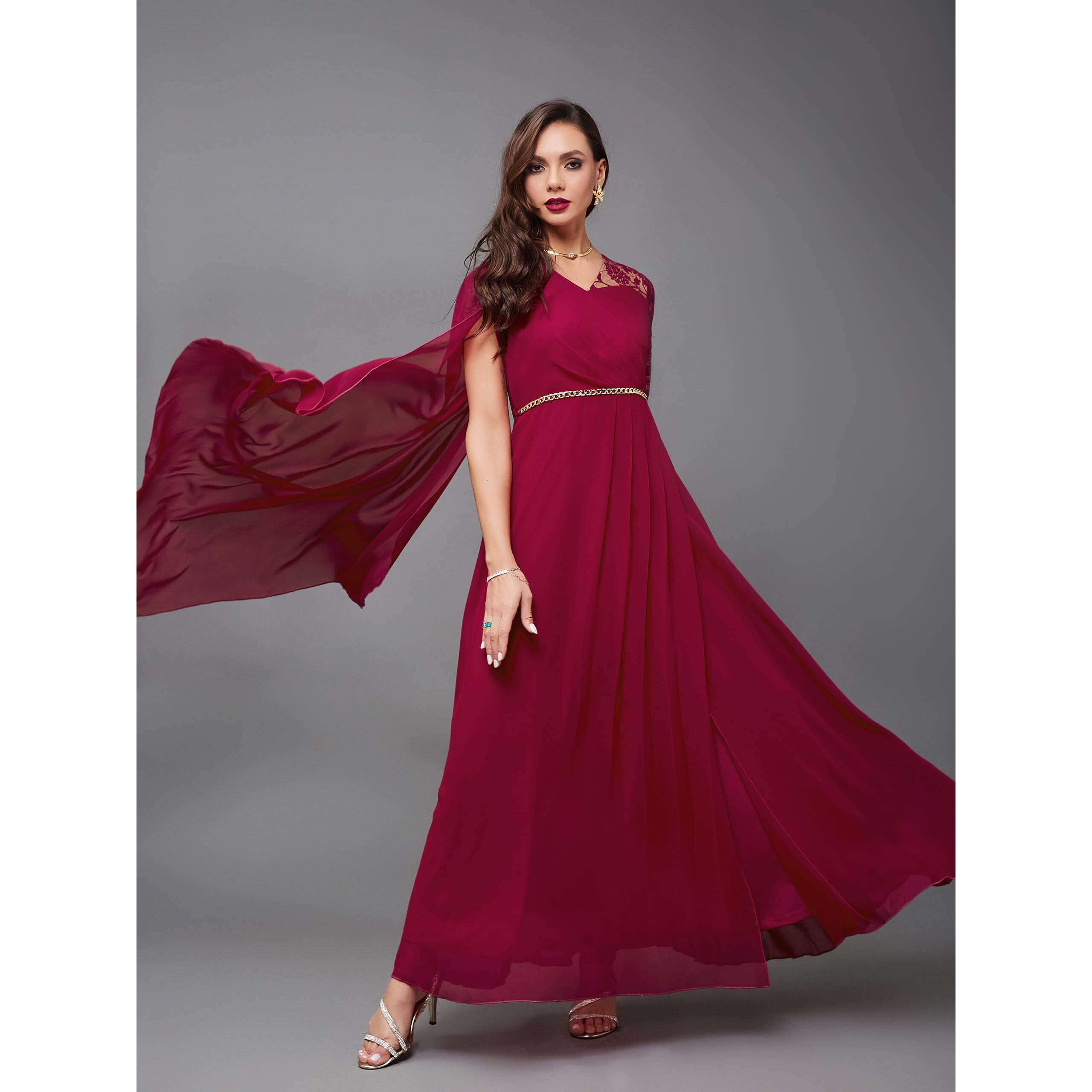 Miss Chase Women's V-Neck Maxi Dress (Mcss25D93-28-629-05, Magenta Pink, L)