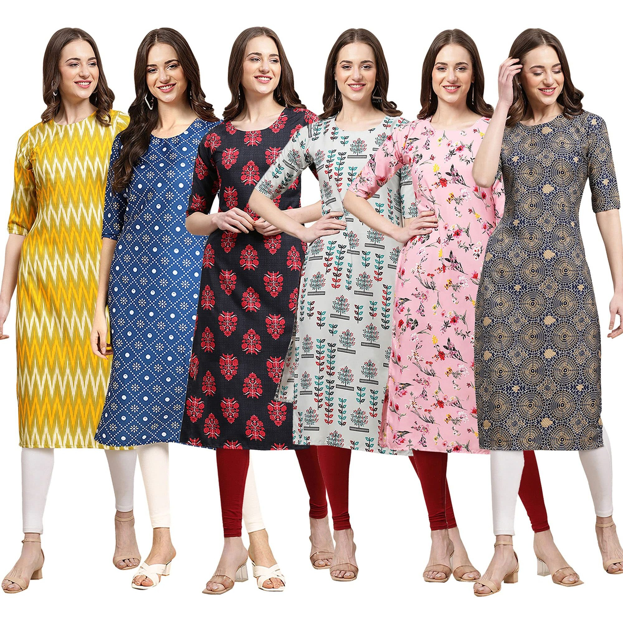 Pinkmint Women's Crepe Digital Print Straight Kurta Pack Of 6 [Cr-329-353-345-340-339-341-M]