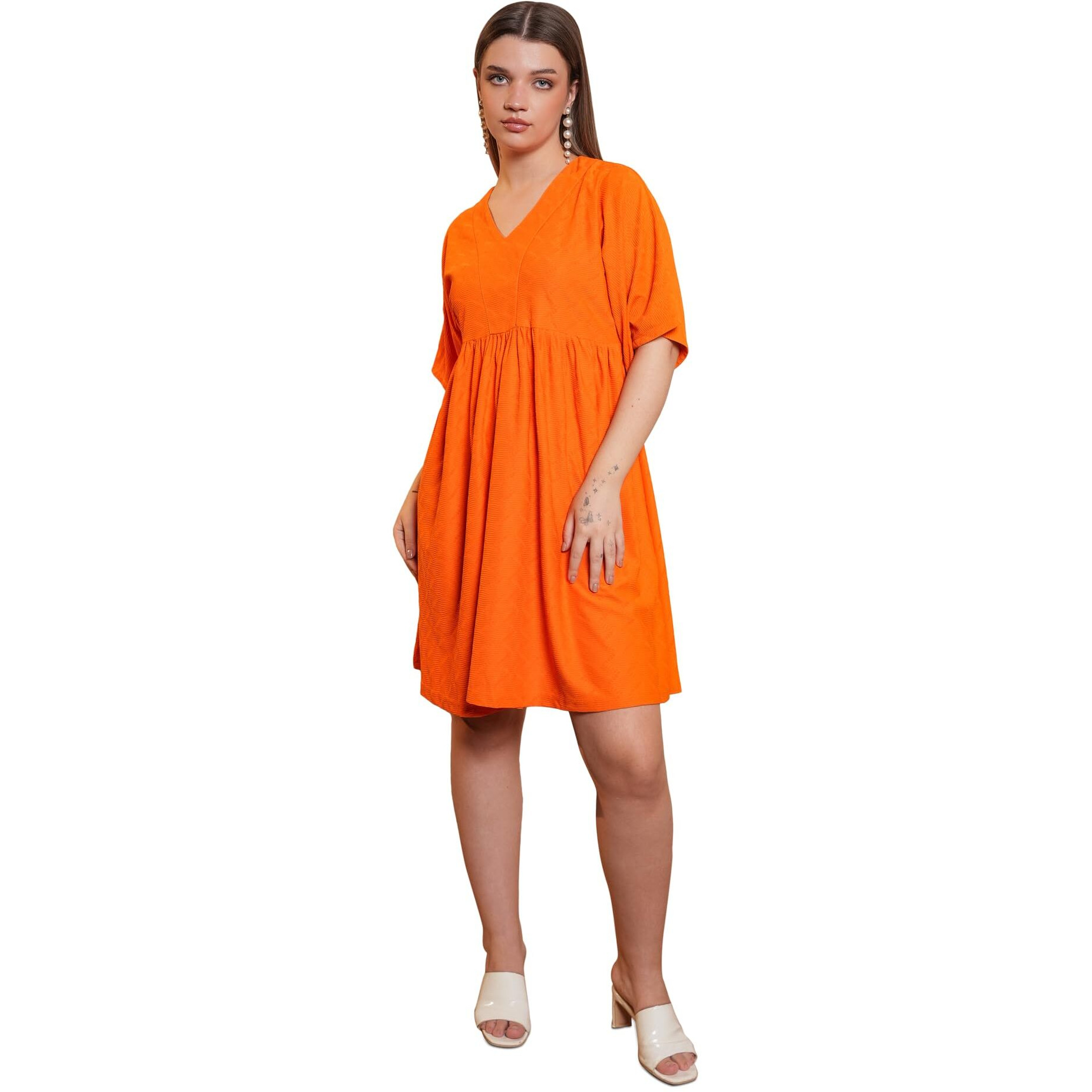 Purvaja Womens Flared Mini Length Dress (Nisi-031-Orange_Orange_Large)