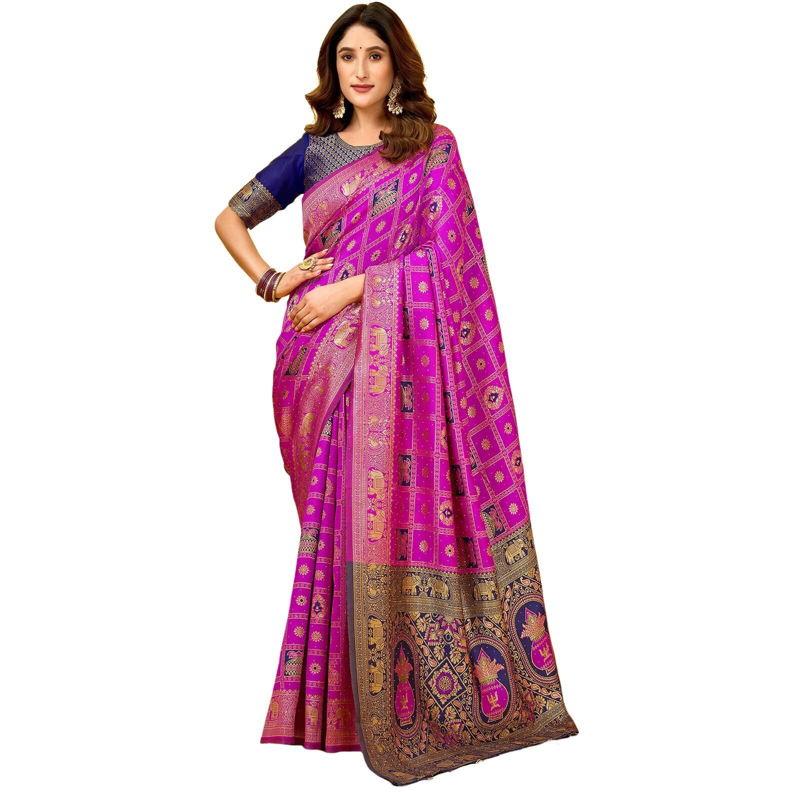 Satrani Women's Banarasi Silk Weaving Stone Work Saree With Unstitched Blouse Piece (4245S6692N_Magenta)