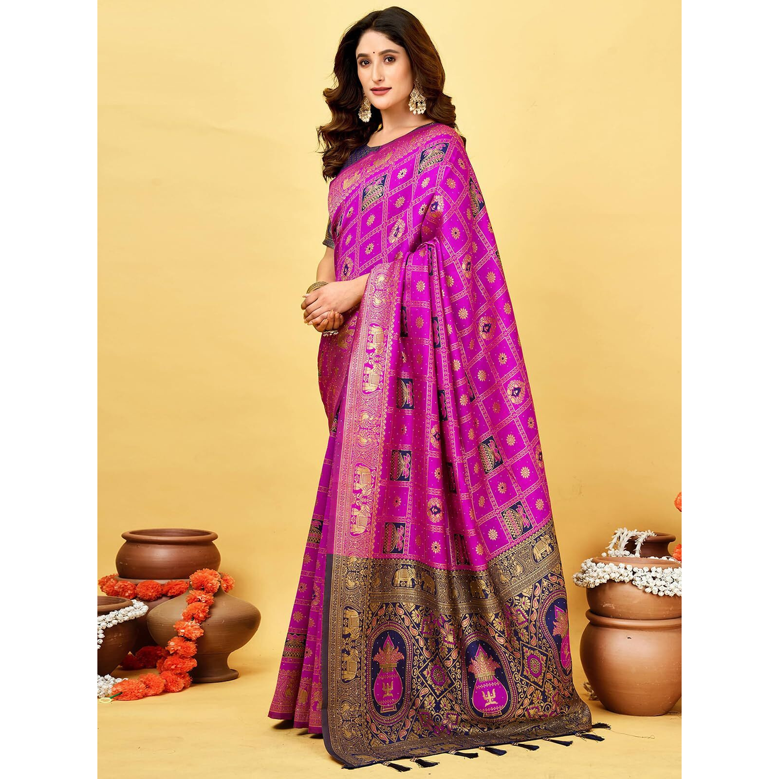 Satrani Women's Banarasi Silk Weaving Stone Work Saree With Unstitched Blouse Piece (4245S6692N_Magenta)