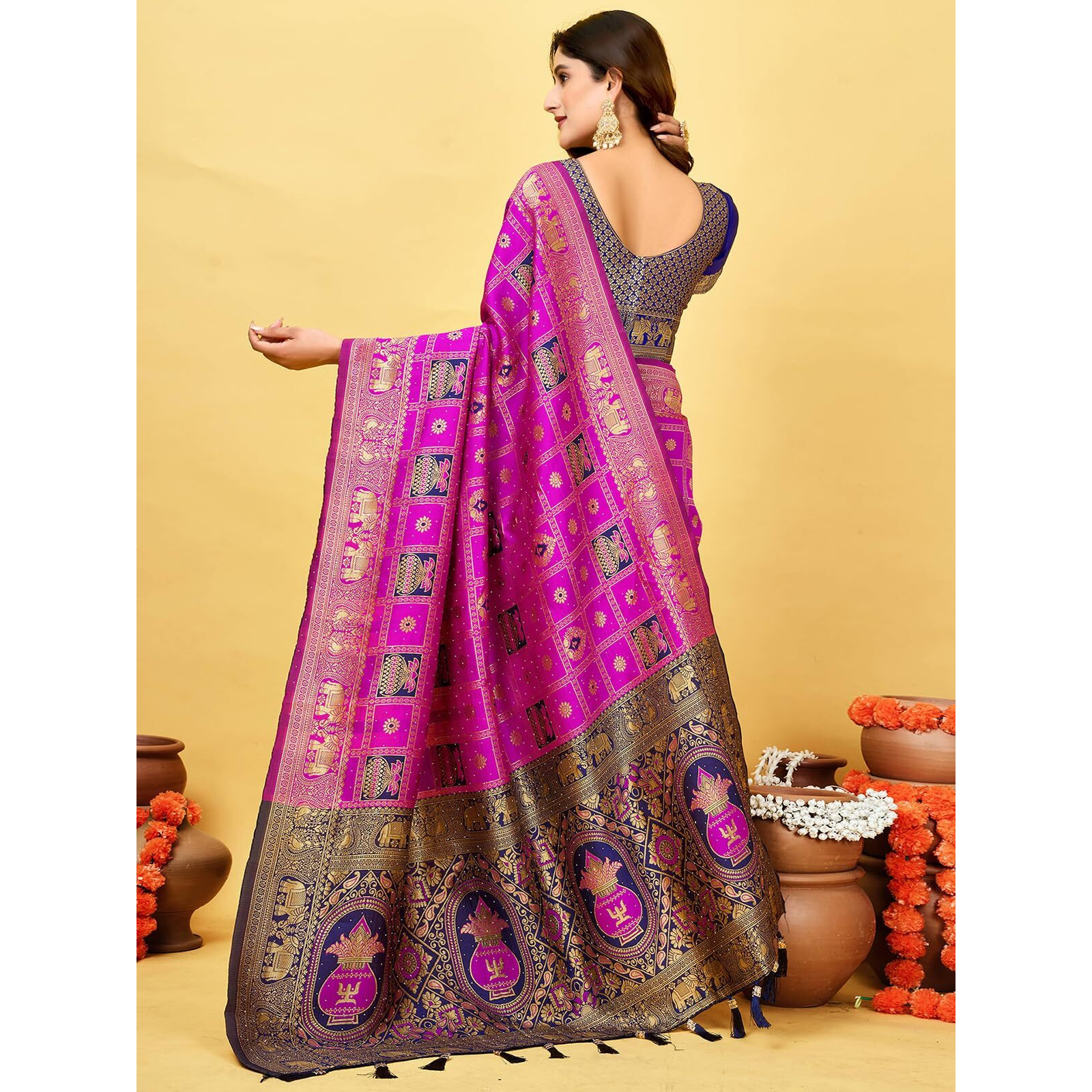Satrani Women's Banarasi Silk Weaving Stone Work Saree With Unstitched Blouse Piece (4245S6692N_Magenta)