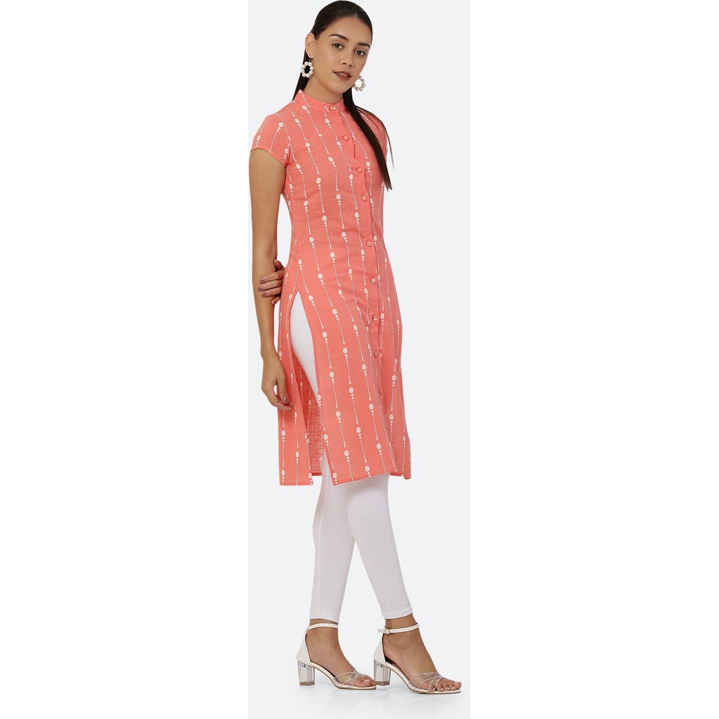 See Designs Women Peach & White Khari Print Cape Sleeve Straight Kurta - Sd1603Xl
