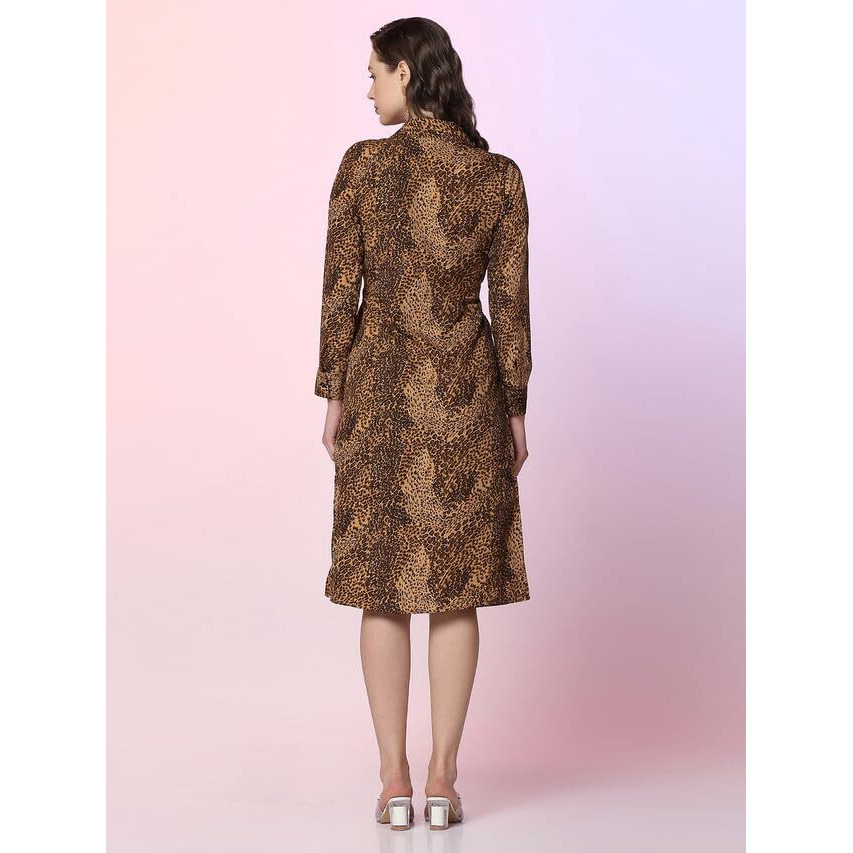 Selvia Women's Printed Full Sleeves Crepe V-Neck Casual Dress (462Tk7511N-M_Brown & Black)