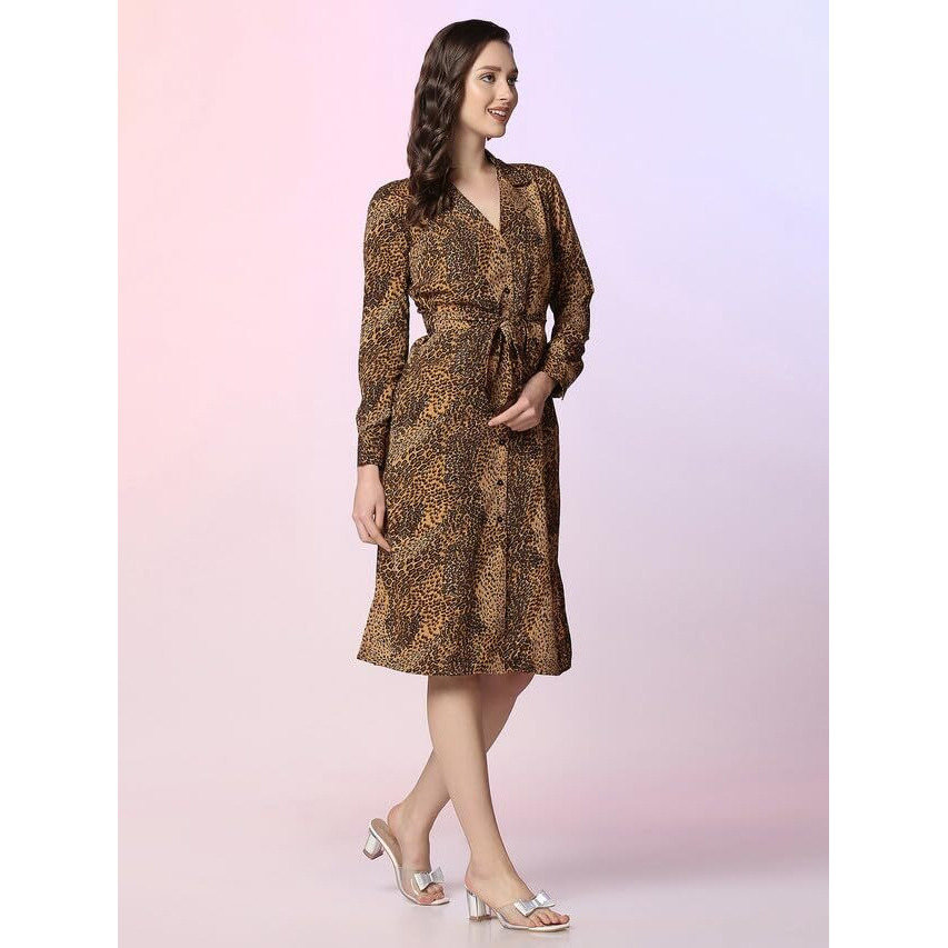 Selvia Women's Printed Full Sleeves Crepe V-Neck Casual Dress (462Tk7511N-M_Brown & Black)