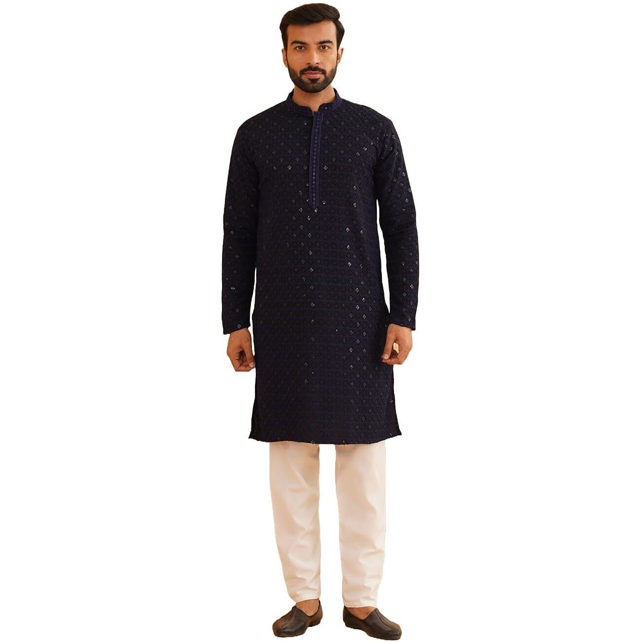 Sojanya (Since 1958 Men's Cotton Gold Embroidered Sequinned Navy Kurta With White Churidar Pyjama
