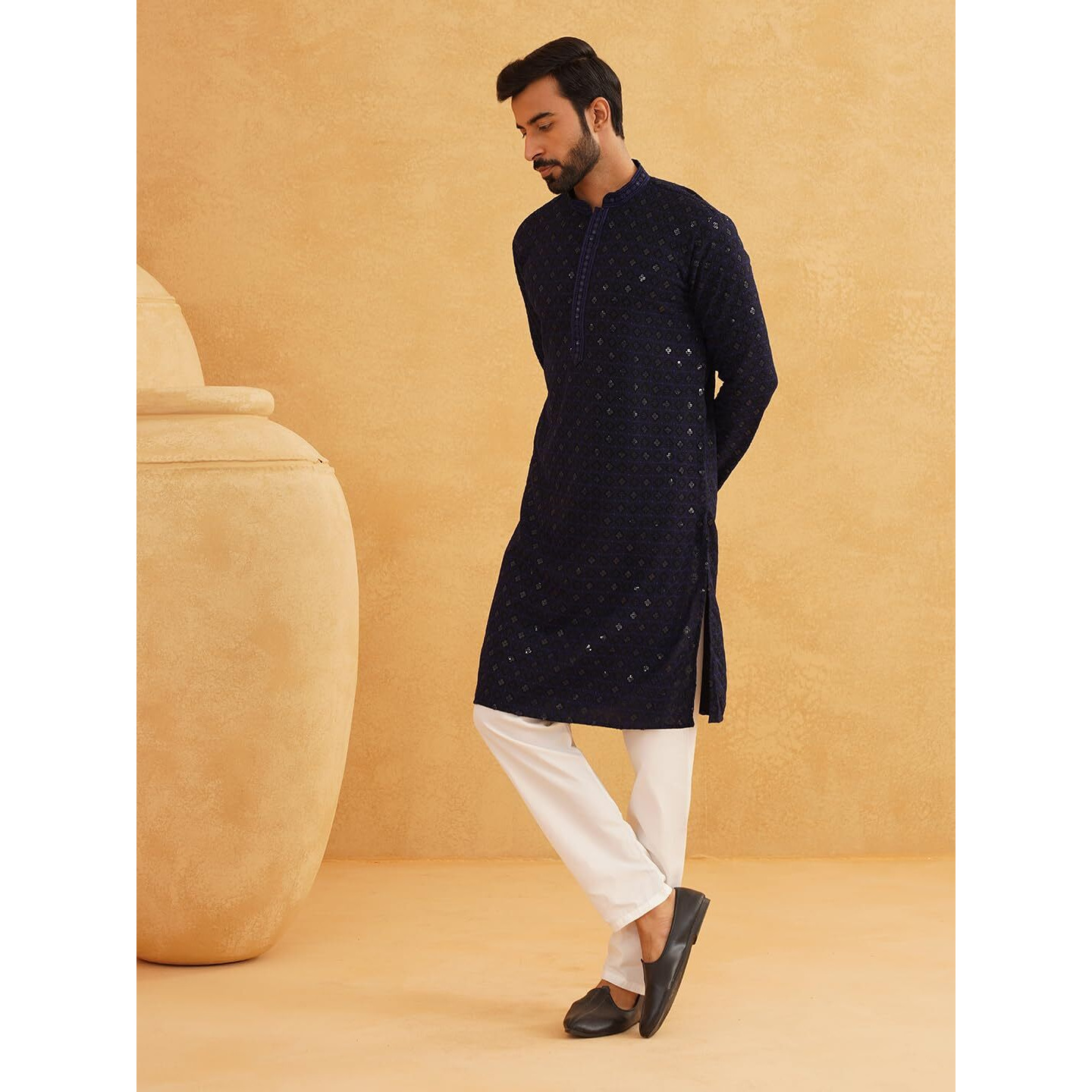 Sojanya (Since 1958 Men's Cotton Gold Embroidered Sequinned Navy Kurta With White Churidar Pyjama