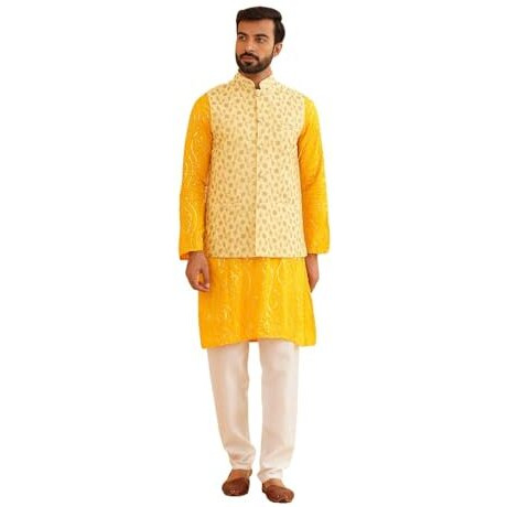 Sojanya (Since 1958 Men's Cotton Mustard Kurta With White Churidaar Pyjama & Yellow Nehru Jacket