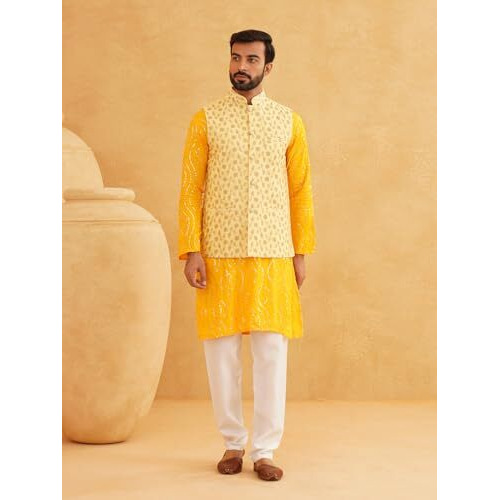 Sojanya (Since 1958 Men's Cotton Mustard Kurta With White Churidaar Pyjama & Yellow Nehru Jacket