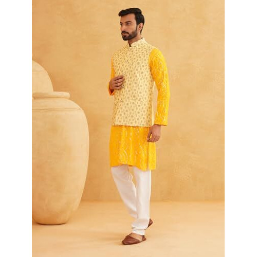 Sojanya (Since 1958 Men's Cotton Mustard Kurta With White Churidaar Pyjama & Yellow Nehru Jacket