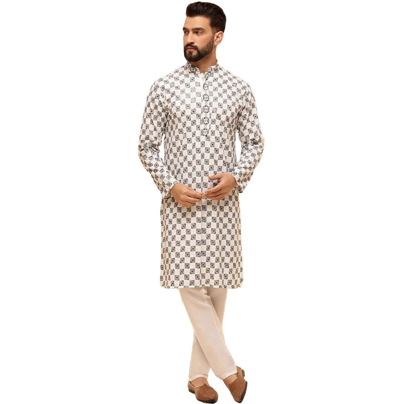 Sojanya (Since 1958 Men's Cotton Rayon Embroidered Sequinned White Kurta With White Pyjama