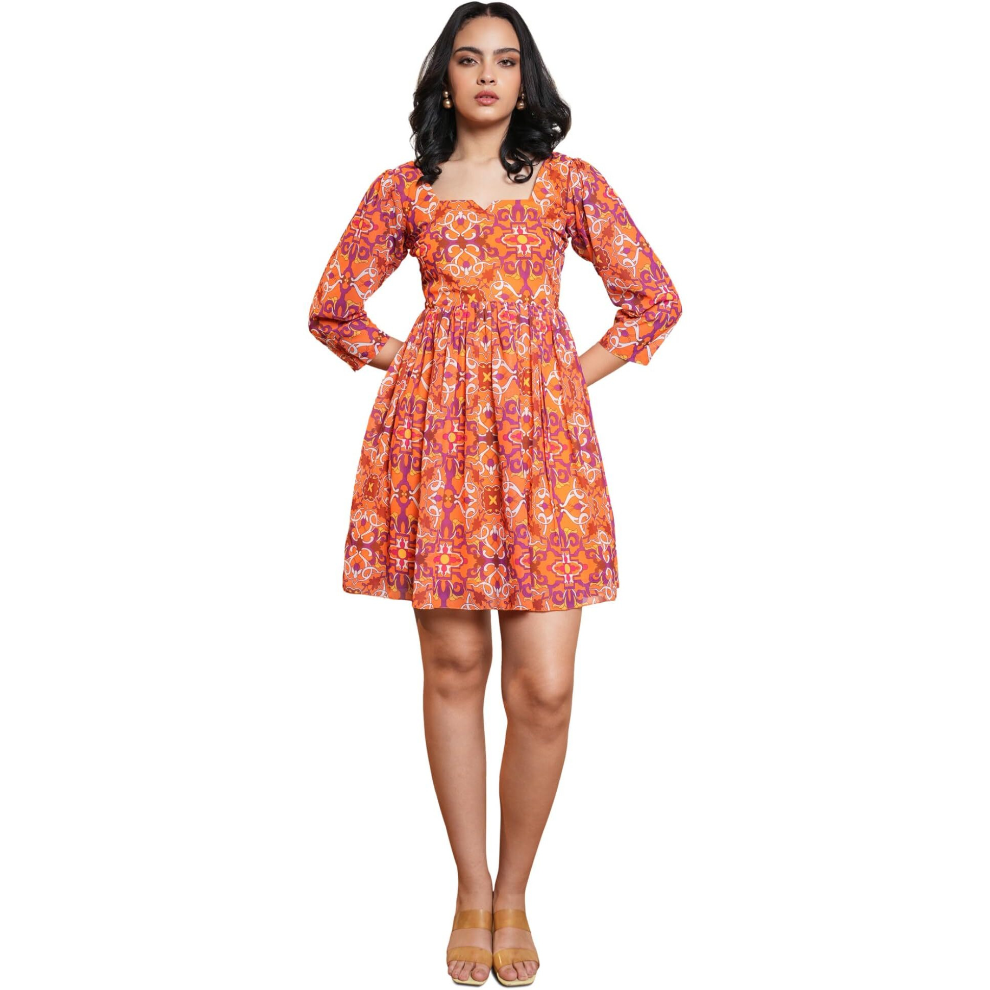 Purvaja Womens Fit & Flare Above Knee Length Dress (Floe-011_Orange_X-Large)