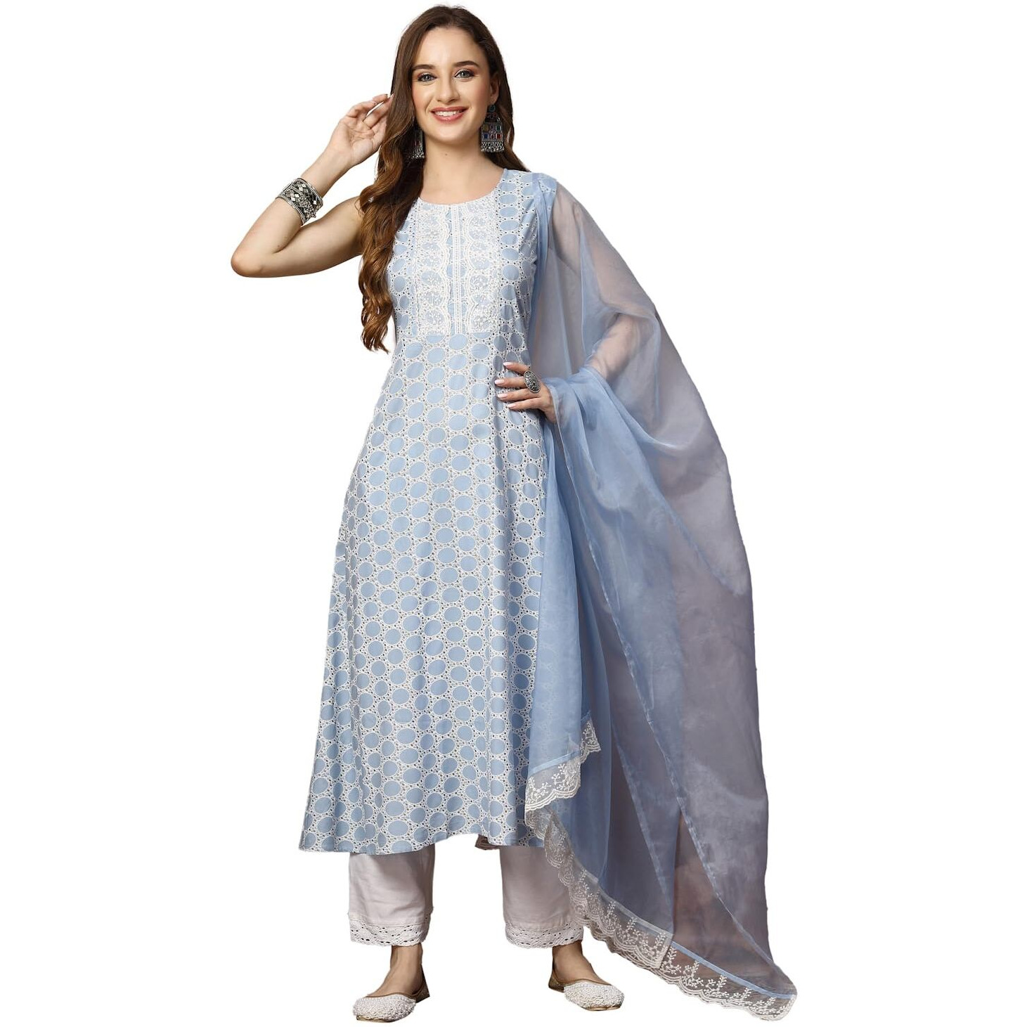 Stylum Women's Printed & Embroidered Rayon A-Line Kurta Dupatta Set (Kdskysurji38_Powder Blue, M)