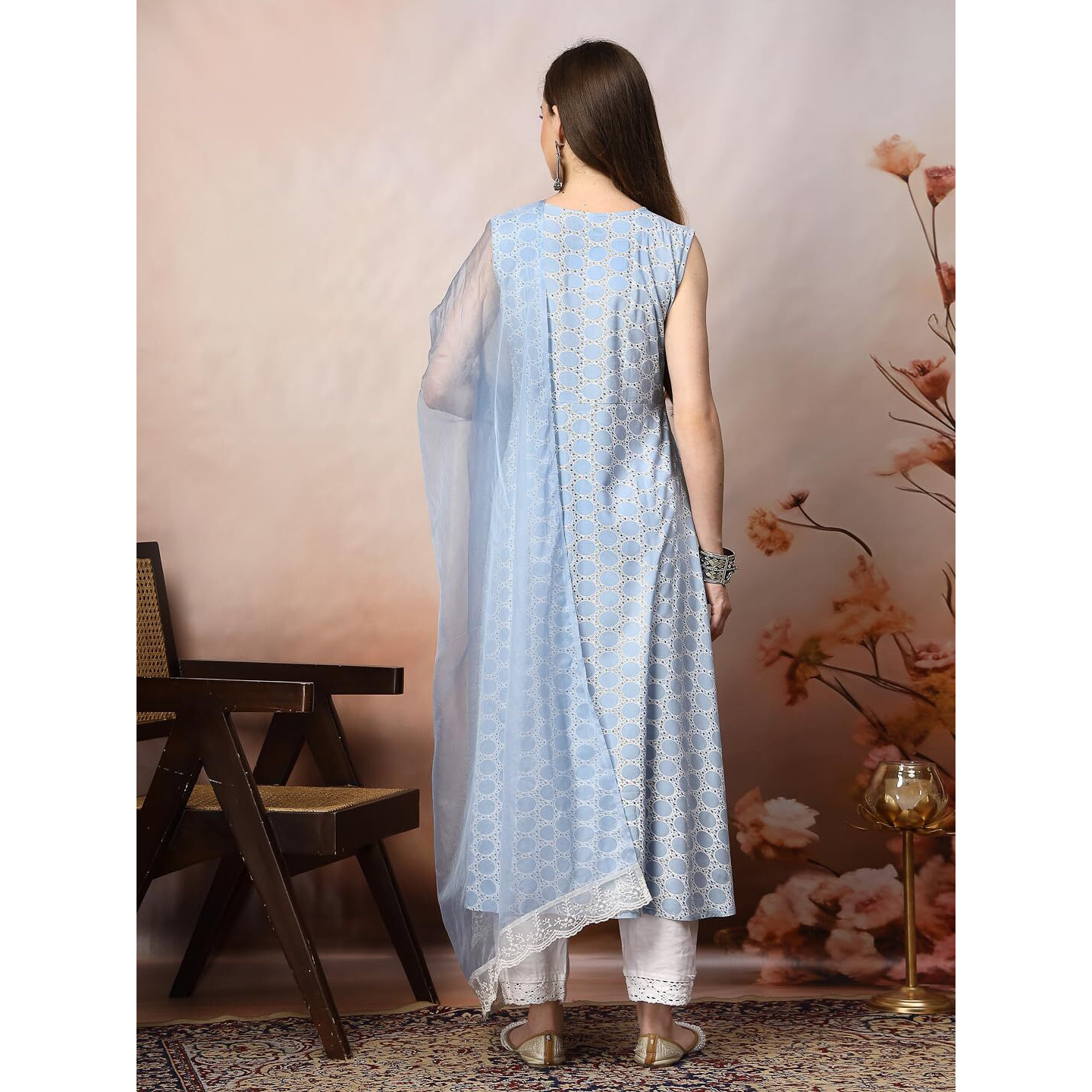 Stylum Women's Printed & Embroidered Rayon A-Line Kurta Dupatta Set (Kdskysurji38_Powder Blue, M)