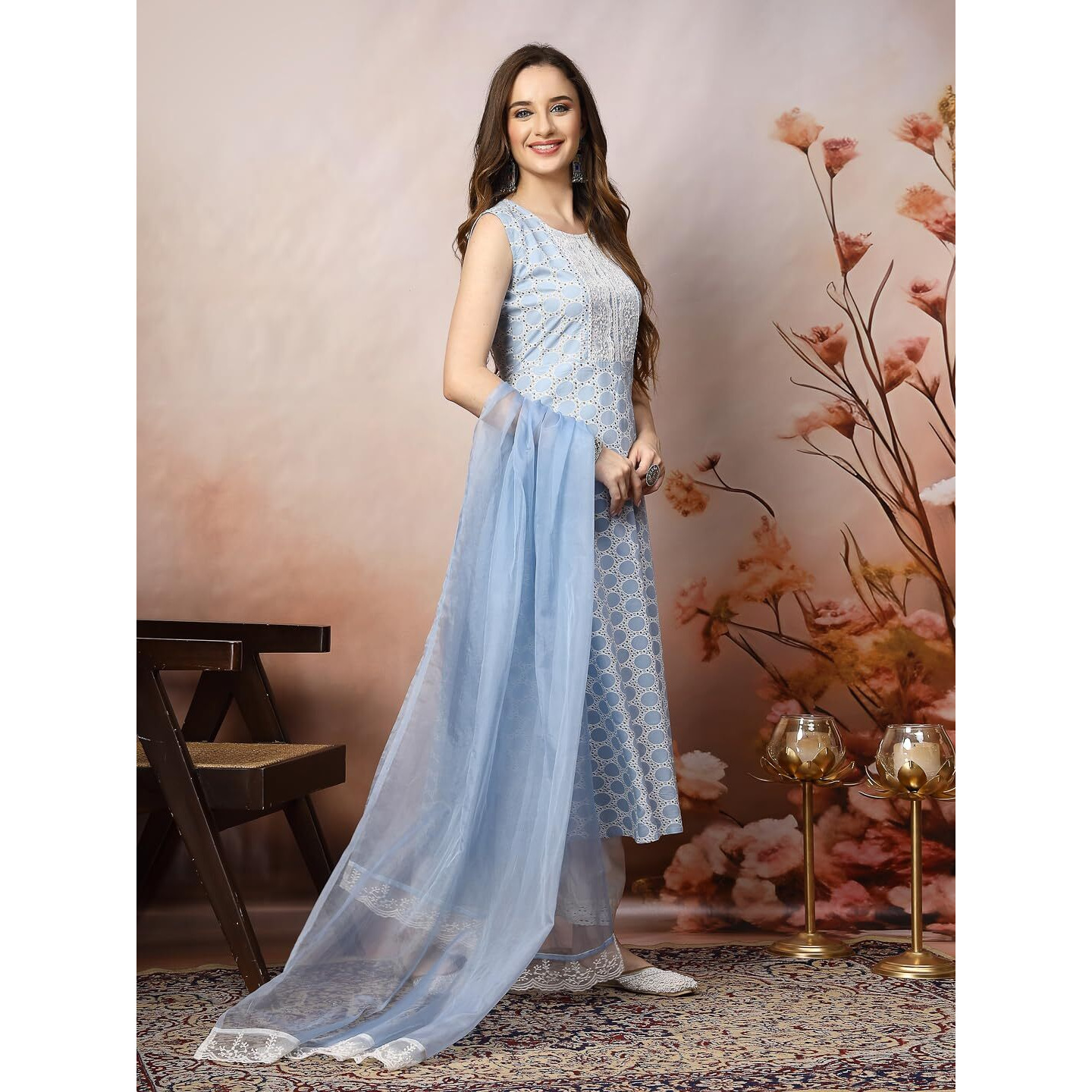 Stylum Women's Printed & Embroidered Rayon A-Line Kurta Dupatta Set (Kdskysurji38_Powder Blue, M)