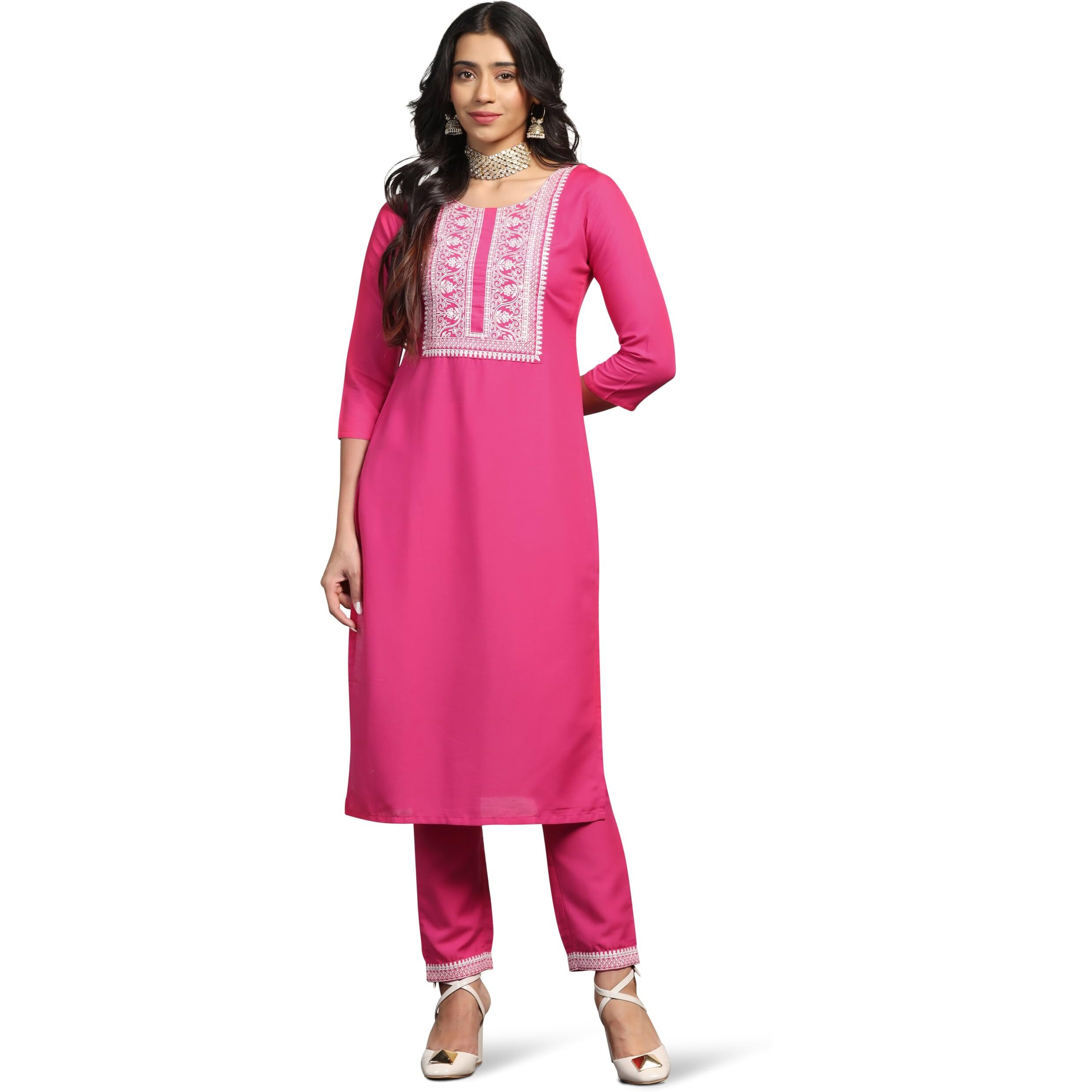 Tadkee Women's Rani Pink Kurti And Pant Set With Embroidery Work (Fn-Simple-White-Em-Set-106-Rani Pink-L)