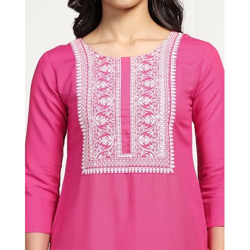 Tadkee Women's Rani Pink Kurti And Pant Set With Embroidery Work (Fn-Simple-White-Em-Set-106-Rani Pink-L)