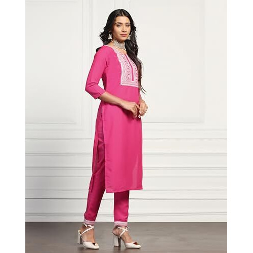 Tadkee Women's Rani Pink Kurti And Pant Set With Embroidery Work (Fn-Simple-White-Em-Set-106-Rani Pink-L)