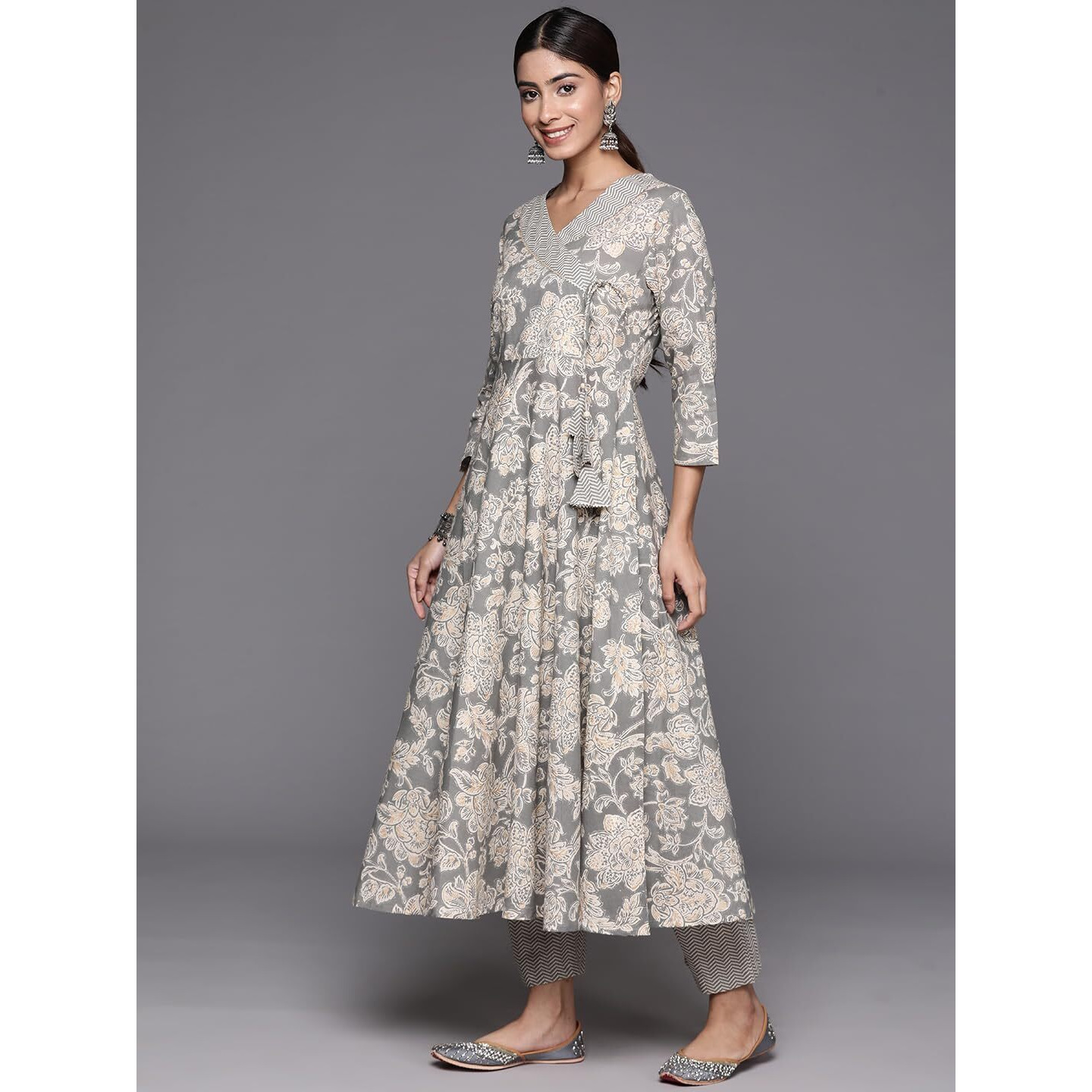 Varanga Women Grey Floral Printed Angrakha Style Anarkali Kurta Paired With Printed Bottom.