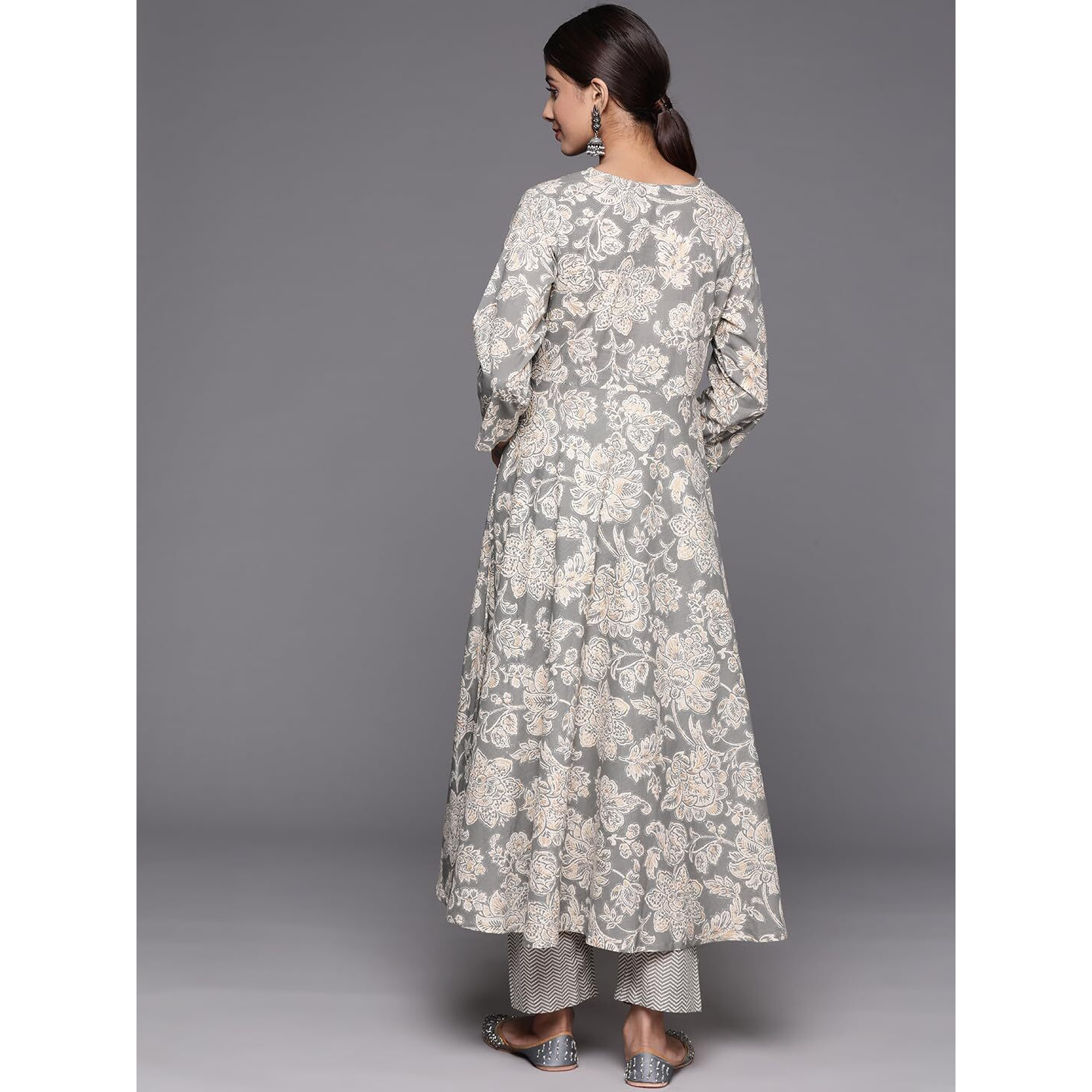 Varanga Women Grey Floral Printed Angrakha Style Anarkali Kurta Paired With Printed Bottom.