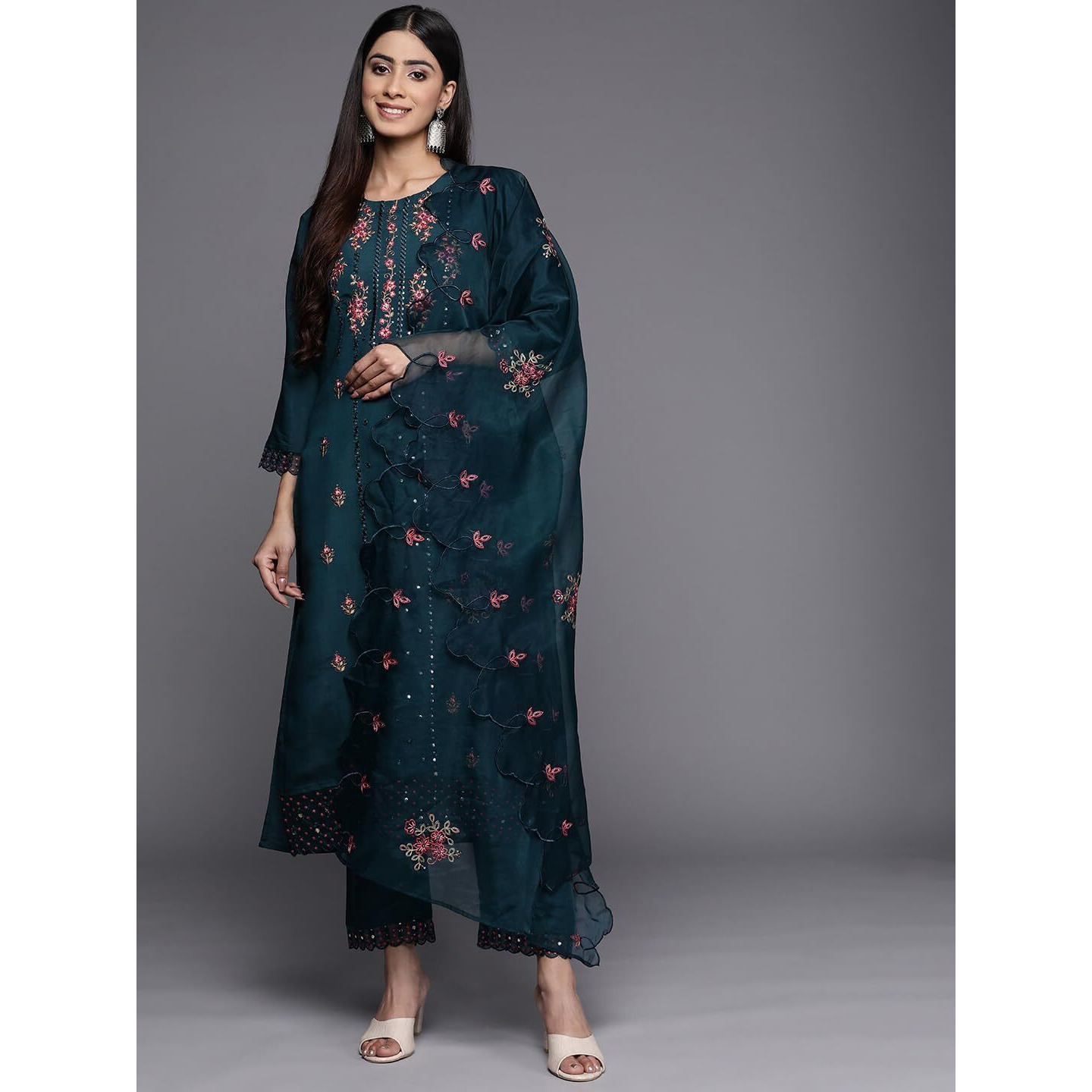 Varanga Women Blue Embroidered Kurta Set Paired With Tonal Tand Dupattta