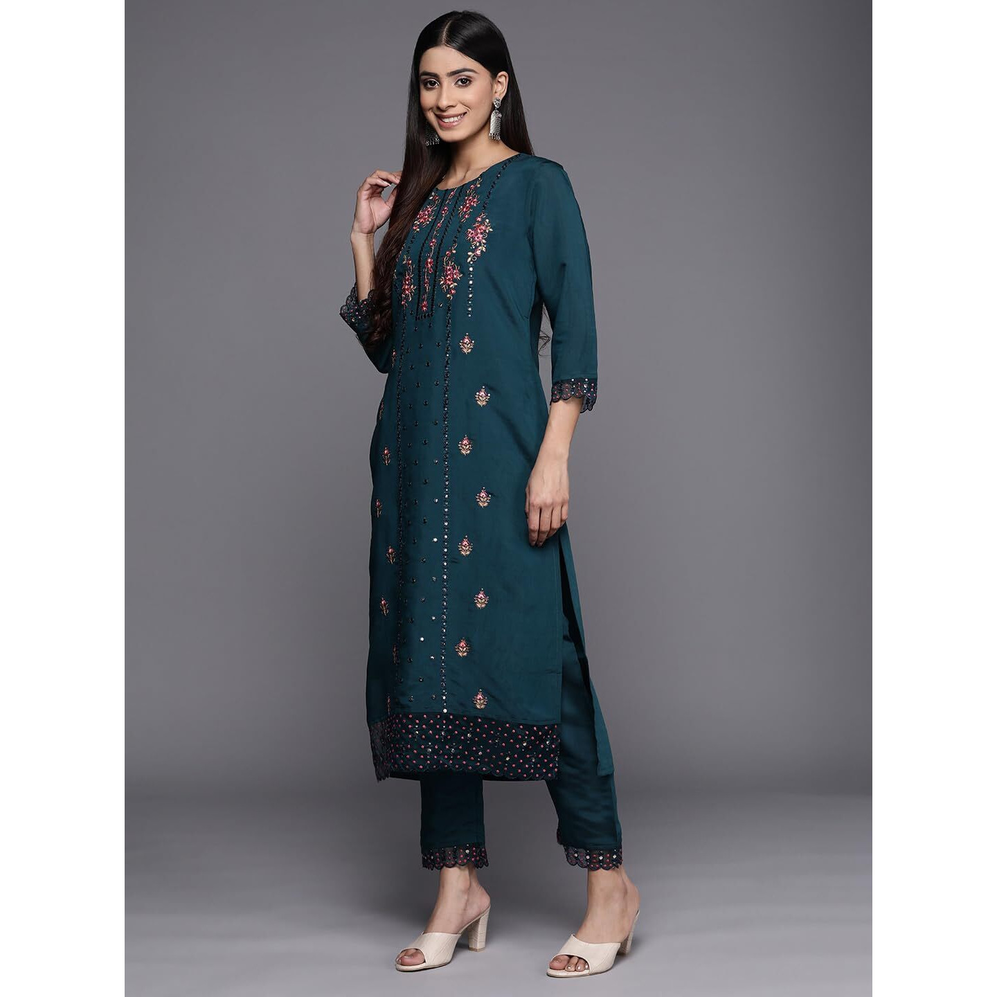 Varanga Women Blue Embroidered Kurta Set Paired With Tonal Tand Dupattta