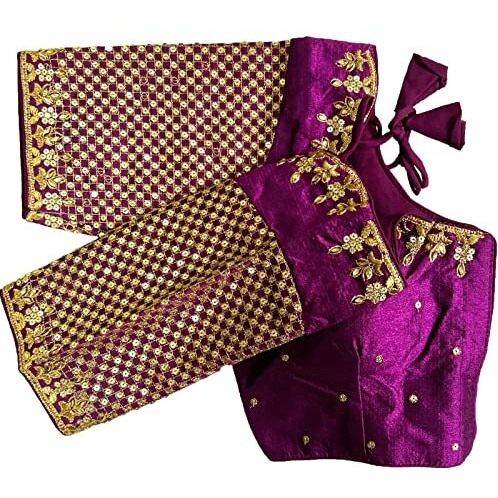 Vihu Fashion Women's Heavy Embroidery With Sequins Work Half Sleeves Fancy Readymade Saree Blouse.(Tulsiwine)