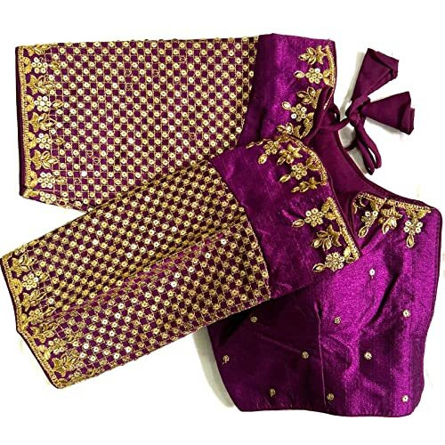 Vihu Fashion Women's Heavy Embroidery With Sequins Work Half Sleeves Fancy Readymade Saree Blouse.(Tulsiwine)