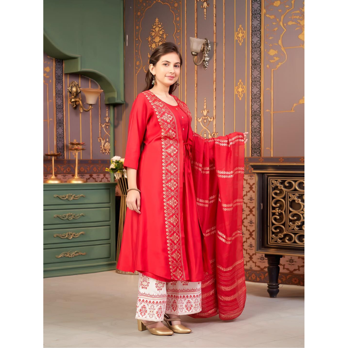 Aarika Girls Ethnic Wear Red Colour Foil Print Silk Kurti-8-15 Years (Kurti-Sd-2933)