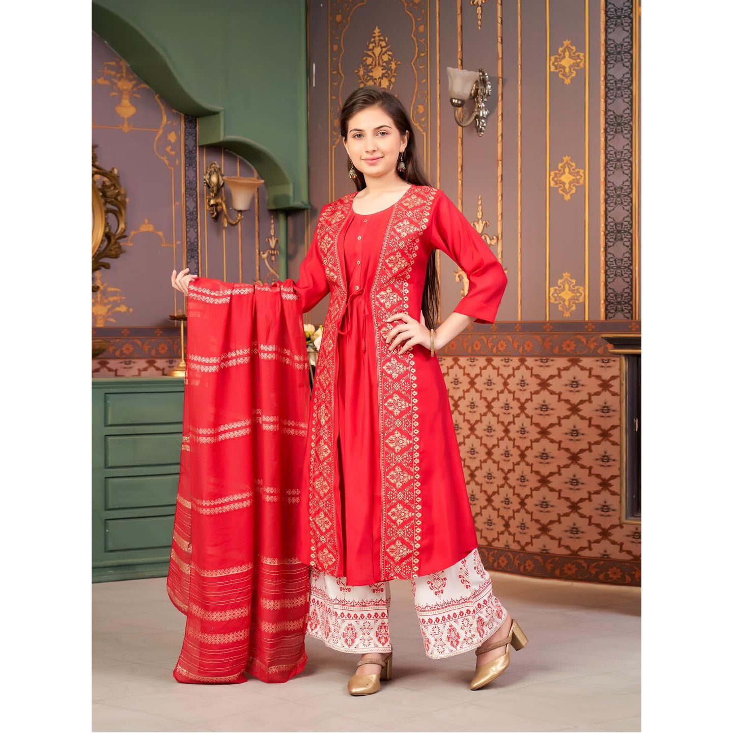 Aarika Girls Ethnic Wear Red Colour Foil Print Silk Kurti-8-15 Years (Kurti-Sd-2933)