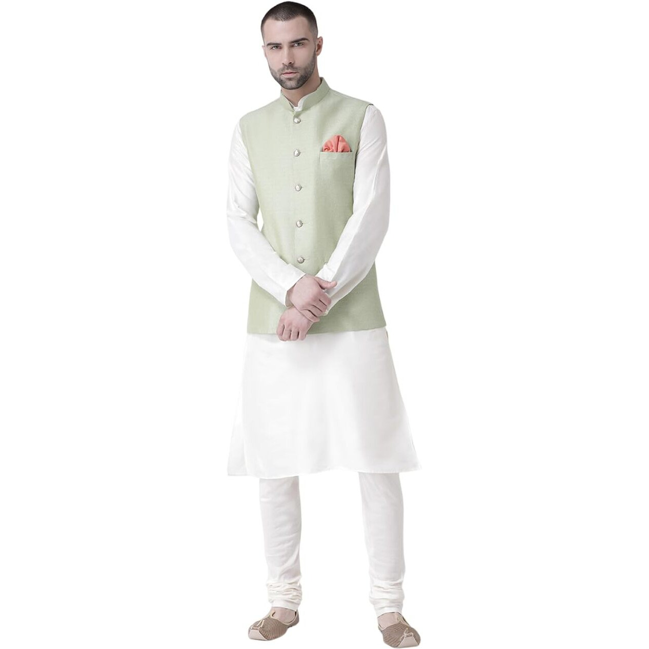 Kisah Men's Kurta Jacket Churidar Set, Green Jacquard, Ethnic Motifs Regular Fit Mandarin Collar Long Sleeves (S)