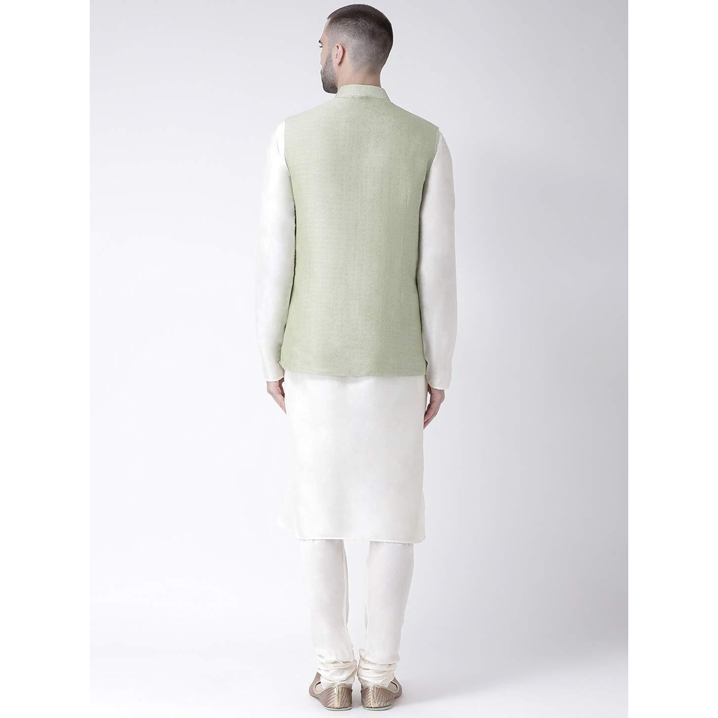 Kisah Men's Kurta Jacket Churidar Set, Green Jacquard, Ethnic Motifs Regular Fit Mandarin Collar Long Sleeves (S)