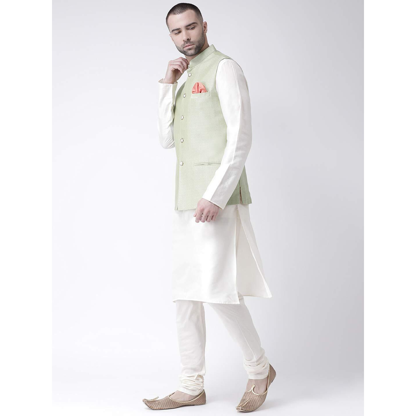 Kisah Men's Kurta Jacket Churidar Set, Green Jacquard, Ethnic Motifs Regular Fit Mandarin Collar Long Sleeves (S)