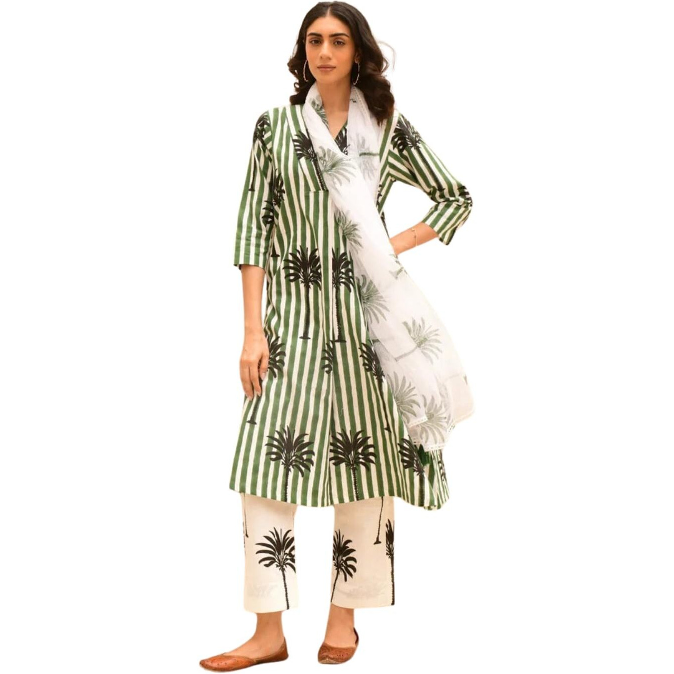 Nainvish Women's Viscose Rayon Printed A-Line V-Neck Kurta Pant With Dupatta (Sd708_Kbd-L_Green & White)