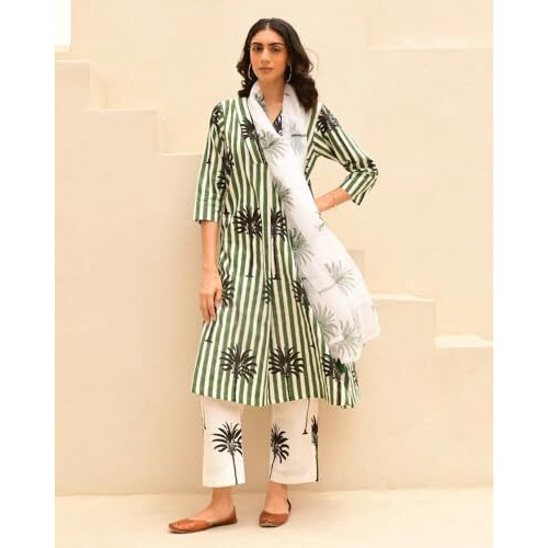 Nainvish Women's Viscose Rayon Printed A-Line V-Neck Kurta Pant With Dupatta (Sd708_Kbd-L_Green & White)