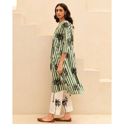Nainvish Women's Viscose Rayon Printed A-Line V-Neck Kurta Pant With Dupatta (Sd708_Kbd-L_Green & White)