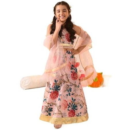 Pspeaches Girl's Cotton Lehenga Choli (L-Peachbigflower_Peach_3-4Y)
