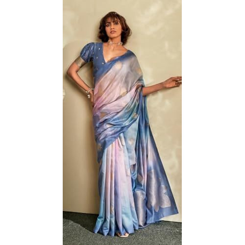 Pujia Mills Women's Leaf Zari Woven Design With Ombre Print Silk Saree With Unstitched Blouse
