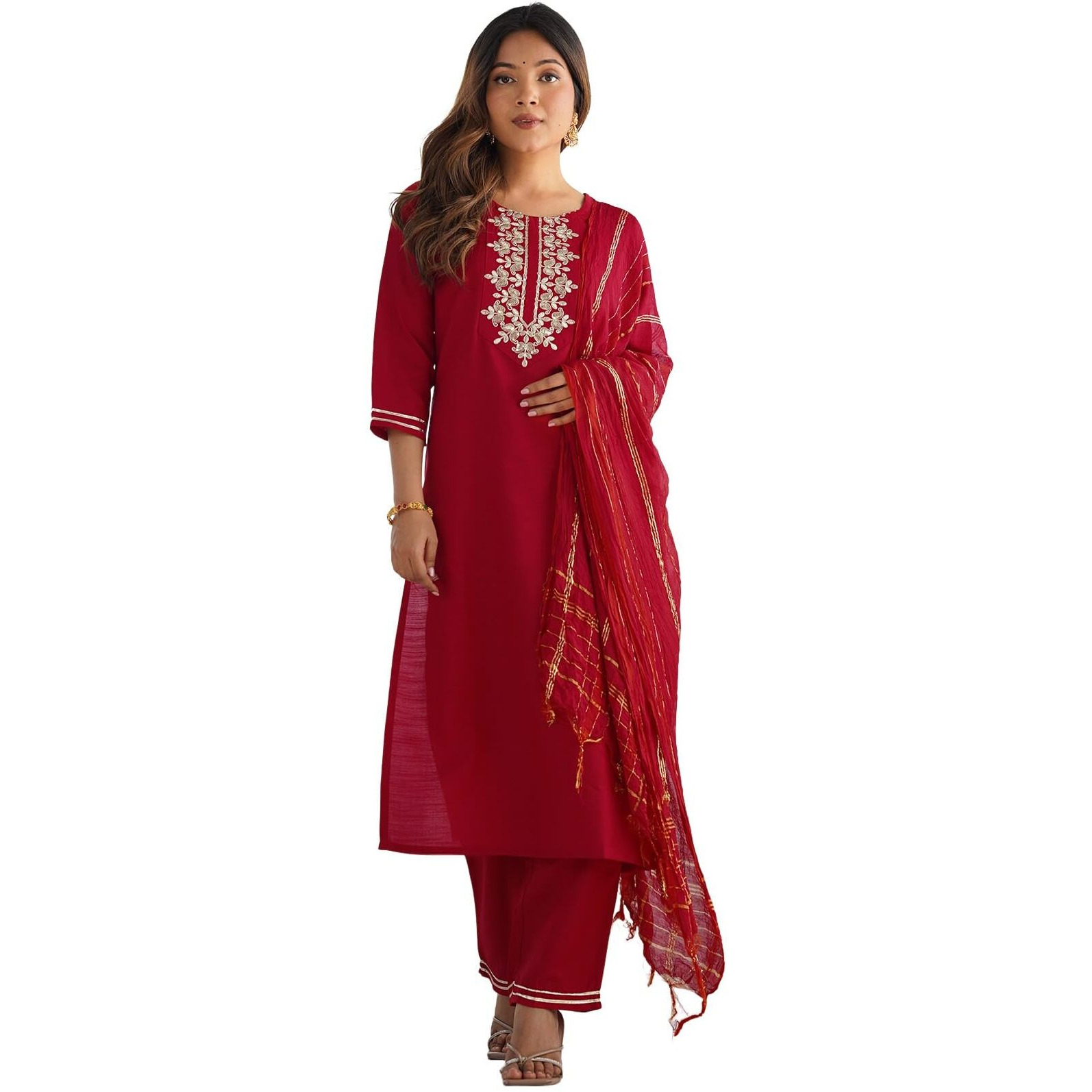 Sanisa Women's Cotton Blend Sequins Embroidery Straight Kurta With Pant And Dupatta Set (228Kbd2411N-M_Red)