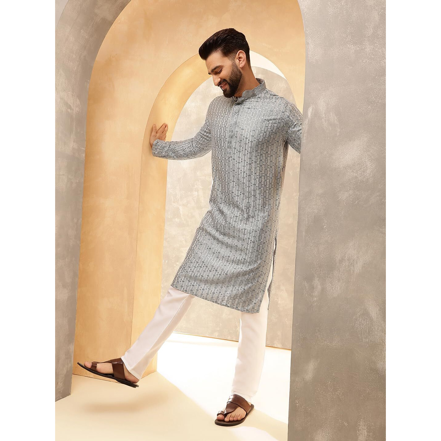 Sojanya (Since 1958 Men's Cotton Rayon Shiny Thread Sequinned Blue Kurta With White Pyjama