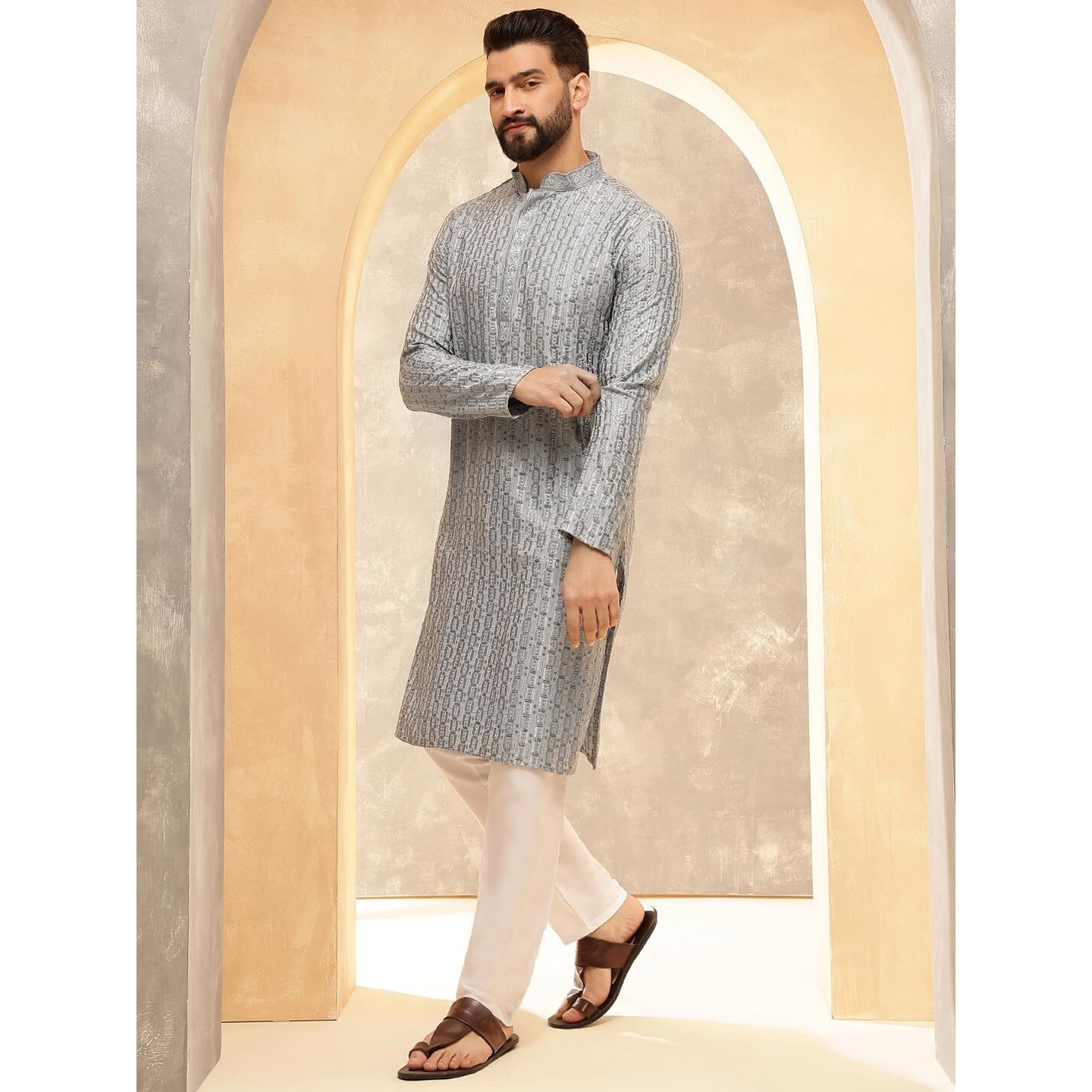Sojanya (Since 1958 Men's Cotton Rayon Shiny Thread Sequinned Blue Kurta With White Pyjama