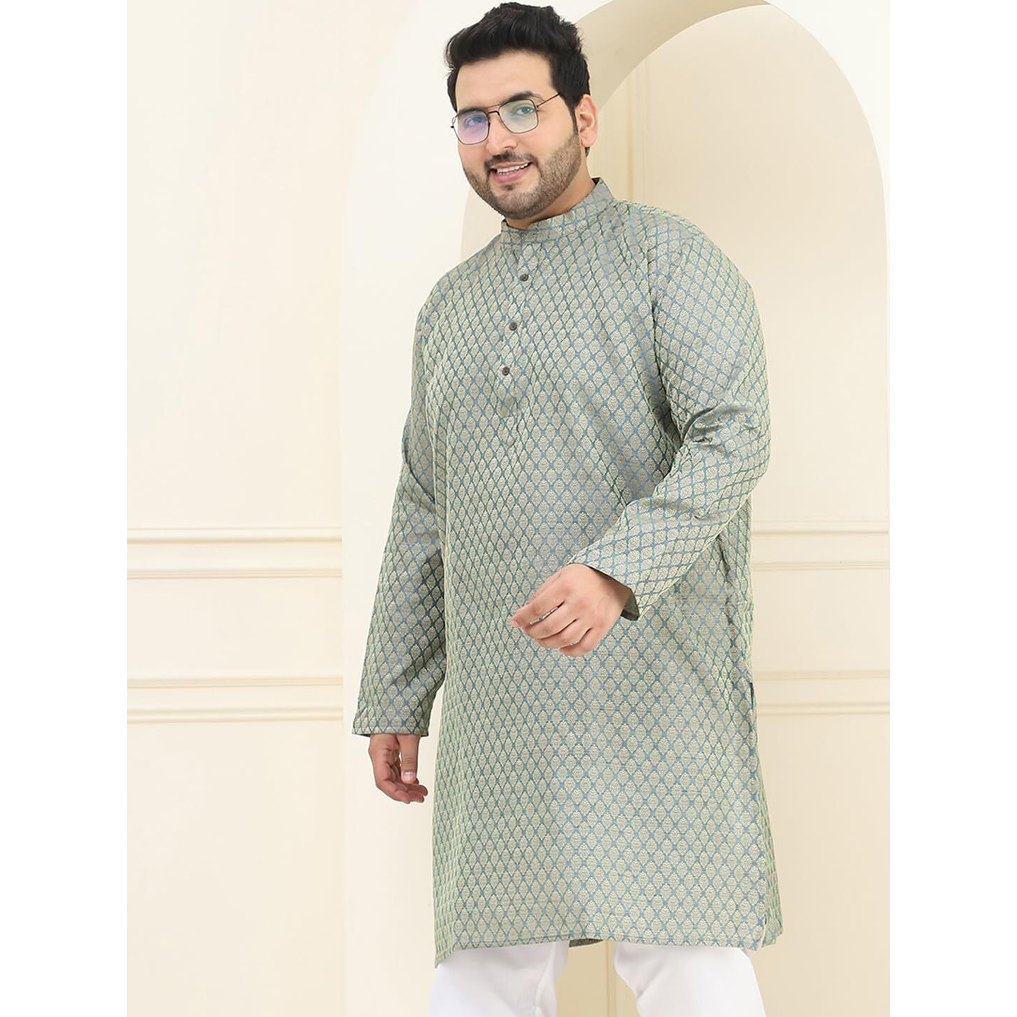 Sojanya Plus (Since 1958) Men's Silk Blend Teal Green Self Design Only Long Kurta