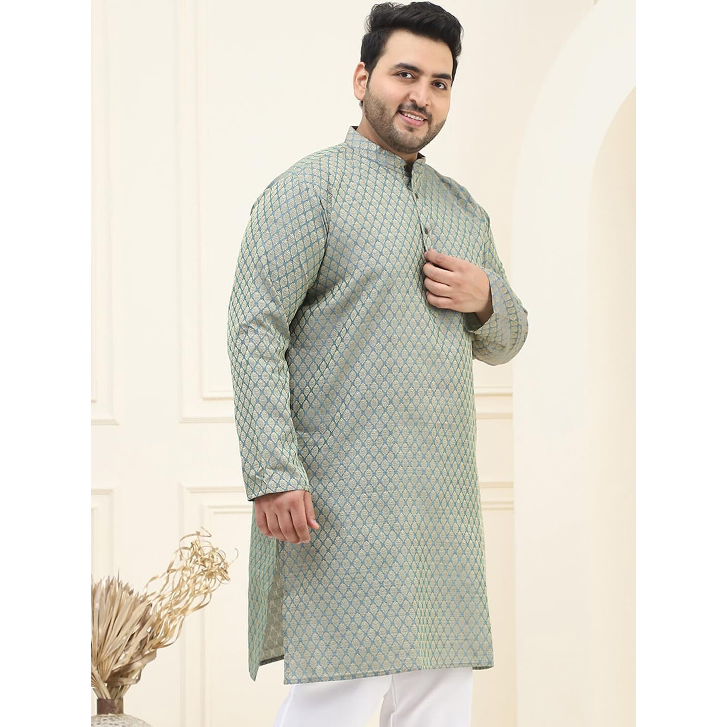 Sojanya Plus (Since 1958) Men's Silk Blend Teal Green Self Design Only Long Kurta