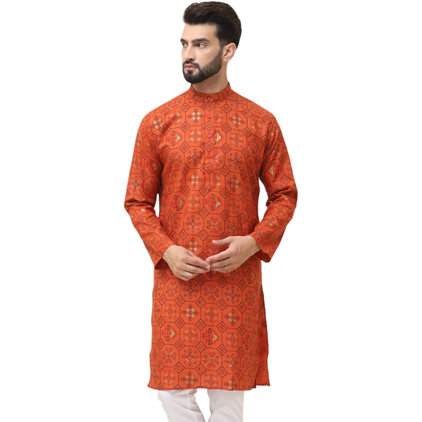 Sojanya (Since 1958 Men's Cotton Blend Printed Orange Only Long Kurta