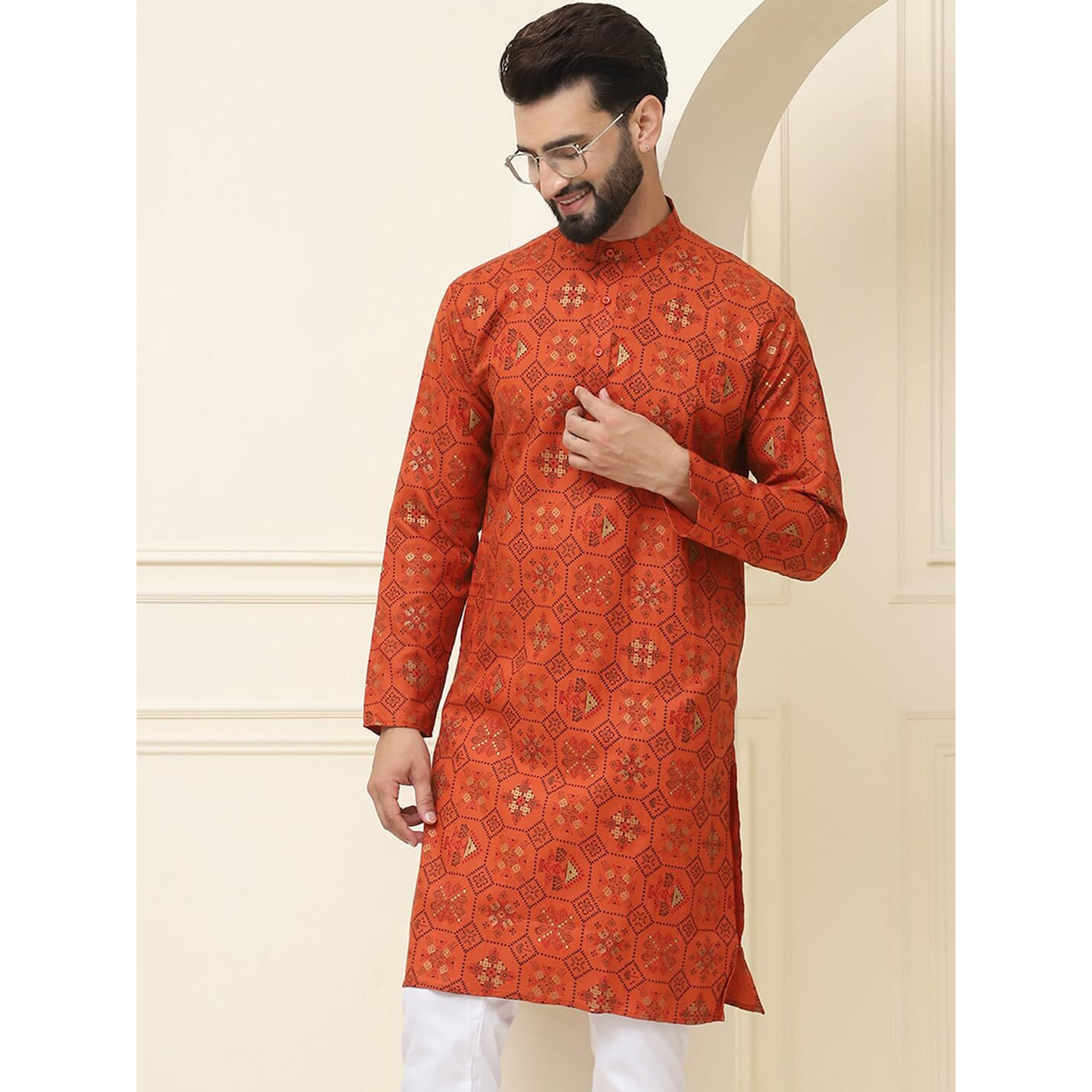 Sojanya (Since 1958 Men's Cotton Blend Printed Orange Only Long Kurta